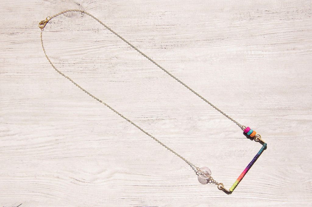 Valentine / simple sense / Bronze French wood glass ball clavicle short chain necklace long chain - rainbow color gradient silk Wax line - Collar Necklaces - Other Metals Multicolor