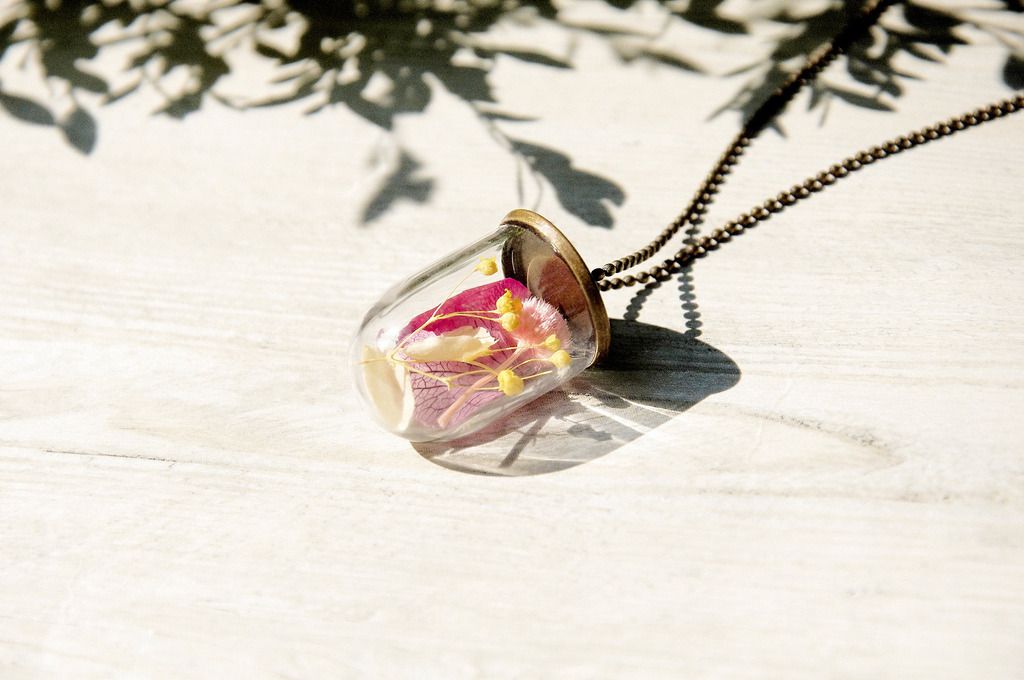 / Forest Girl / French Transparent Glass Ball Classic Necklace-Yellow Gypsophila + Pink Flowers + Hydrangea - Necklaces - Glass Multicolor