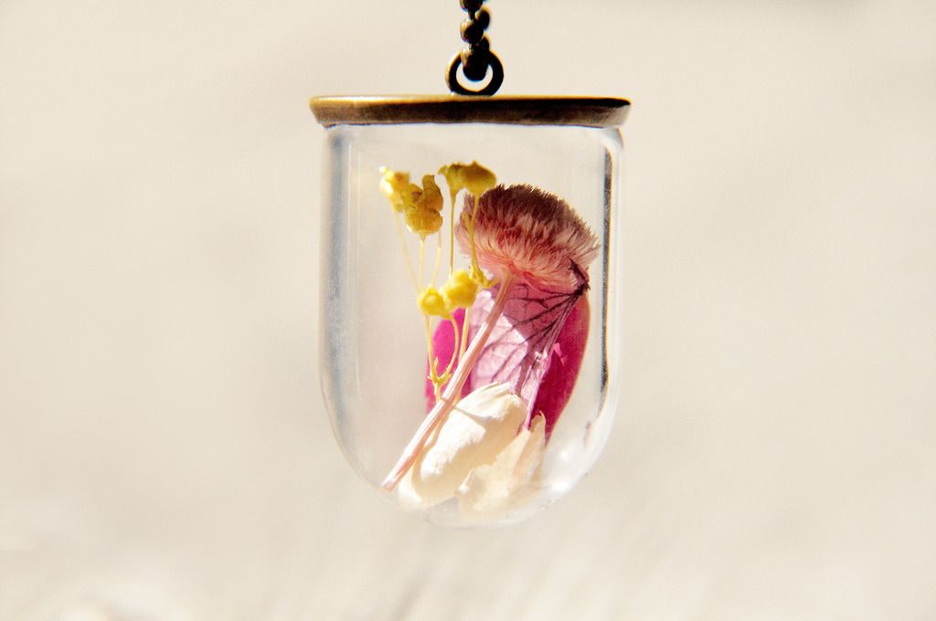 / Forest Girl / French Transparent Glass Ball Classic Necklace-Yellow Gypsophila + Pink Flowers + Hydrangea - Necklaces - Glass Multicolor