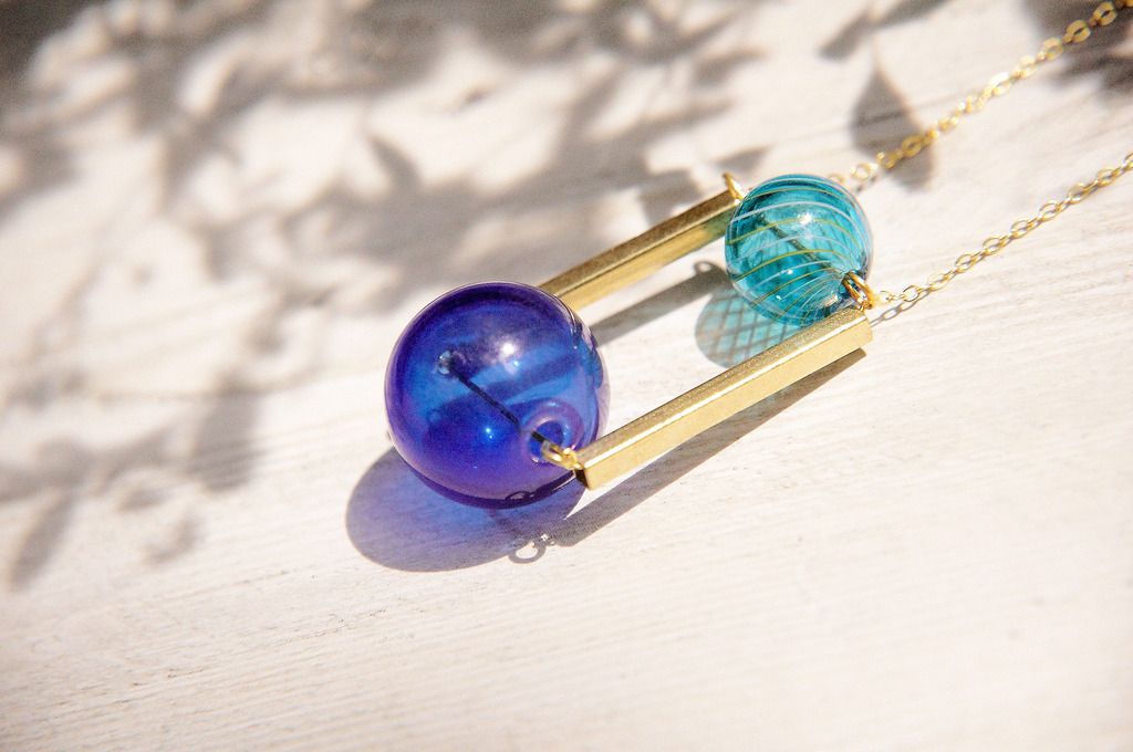 / Geometric style / French stripe mouth blown glass necklace short chain long chain clavicle chain-blue gravitational universe planet - Long Necklaces - Glass Blue