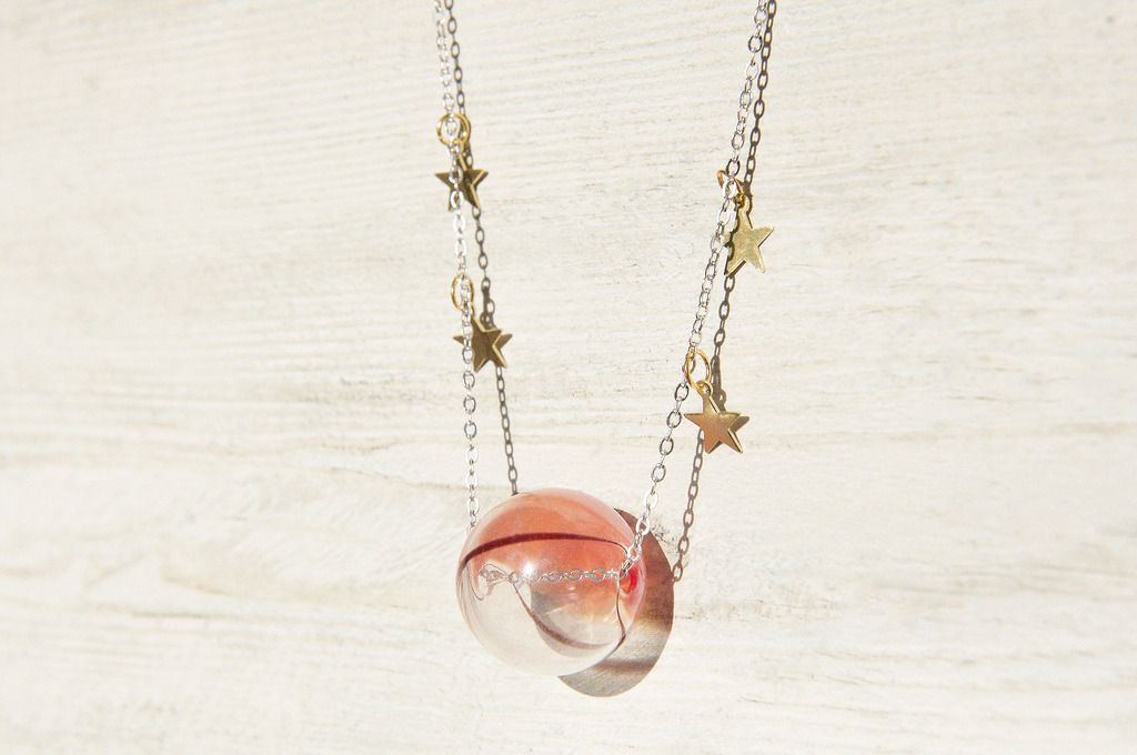 New Year's Gift / Universe Planet / French Stripe Mouth Blown Glass Necklace Short Chain Long Chain Clavicle Chain-Fantasy Starry Universe - Long Necklaces - Glass Multicolor