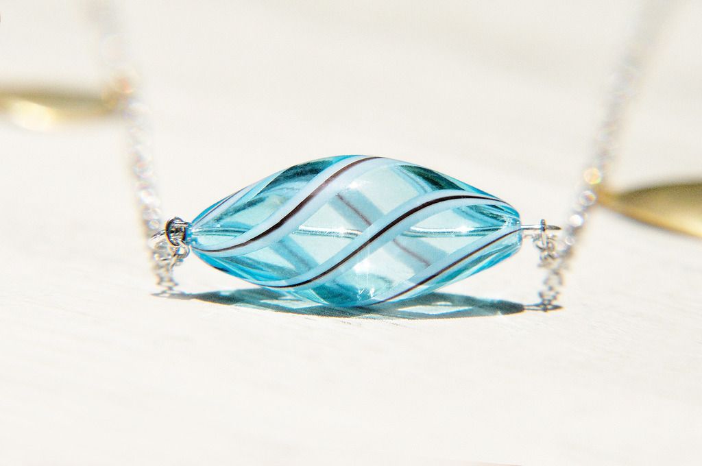 / Simple sense / manual rotation of the mouth-blown glass necklace French - aqua blue geometric world - Long Necklaces - Glass Blue