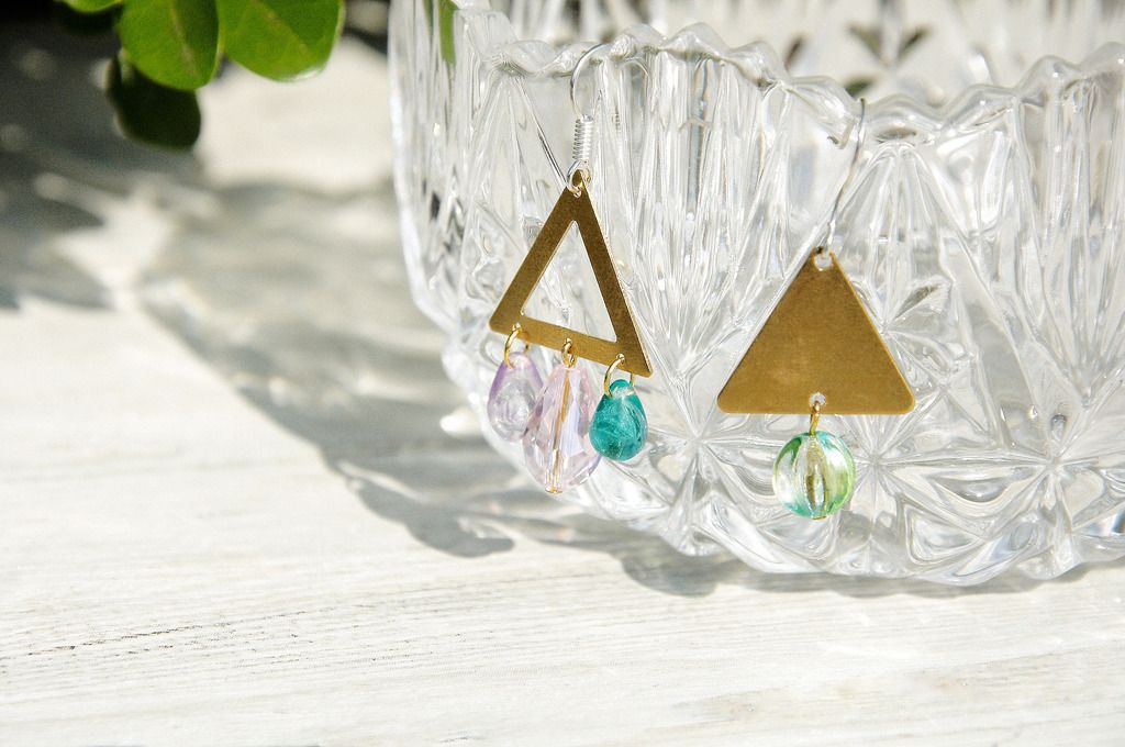 Happy New Year / simple sense / Bronze vintage glass earrings - actual situation of trigonometry World (clip-on / ear pin) - Earrings & Clip-ons - Glass Multicolor