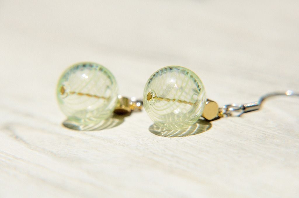 Valentine's Day Gift / Simple Sense / French Rotating Waltz Glass Ball Earrings / Earrings-Green Forest (Clip type can be changed) - Earrings & Clip-ons - Glass Green