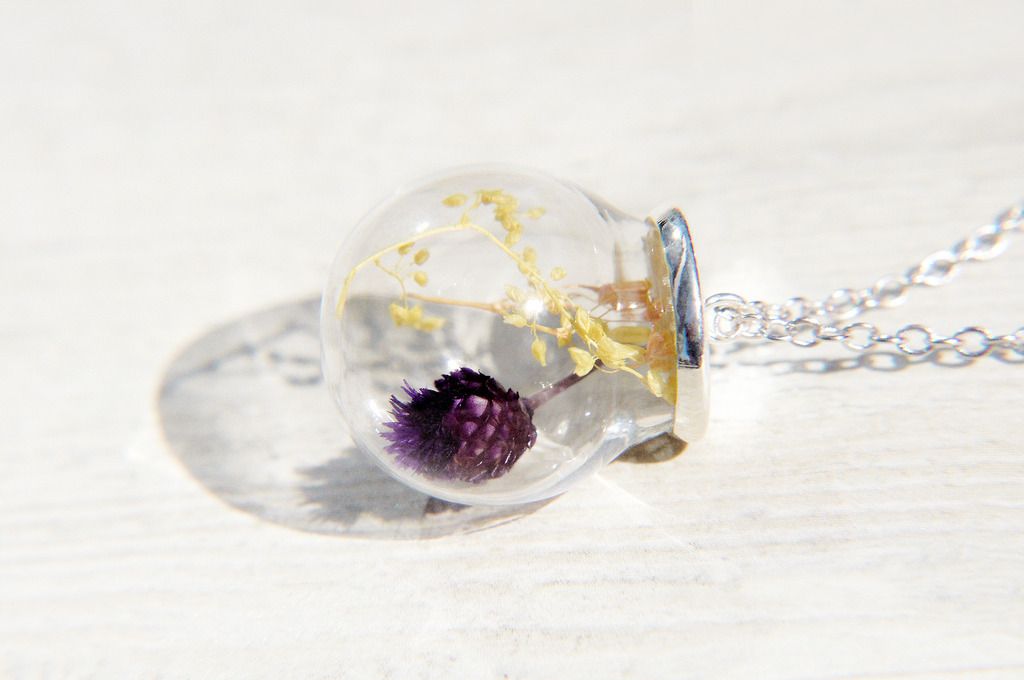 Valentine's Day Gift / Forest Department / French Glass Dry Flower Necklace Clavicle Chain Short Chain Long Chain-Gypsophila + Purple Flowers - Long Necklaces - Glass Purple