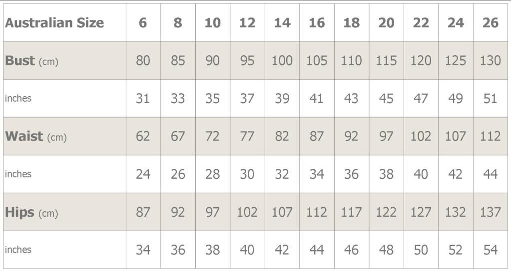 Female Size Chart Australia