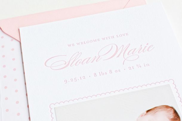 Classic Pink Letterpress Birth Announcement by Lauren Chism