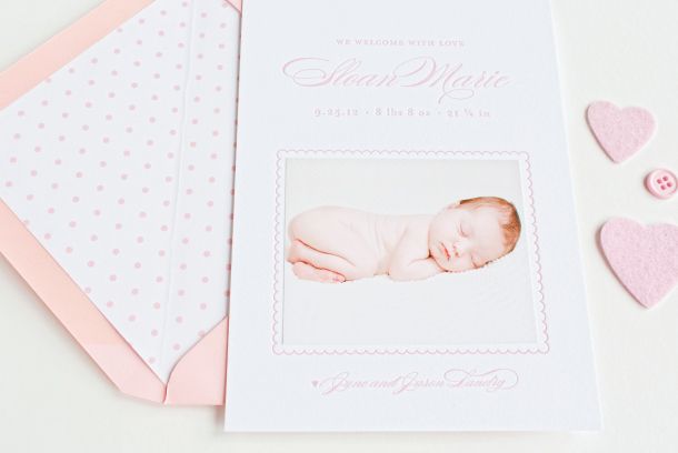 Classic Pink Letterpress Birth Announcement by Lauren Chism