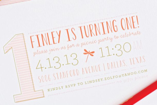 Dragonfly Spring Picnic First Birthday Invitations by Lauren Chism Fine Papers