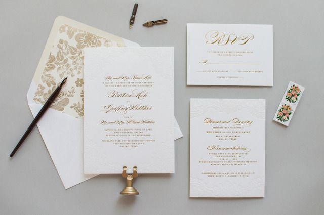Lauren Chism Fine Papers Gold Foil and Lace Wedding Invitations