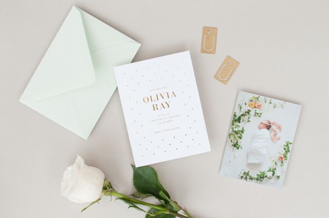 Lauren Chism Gold Foil Polka Dot Birth Announcements
