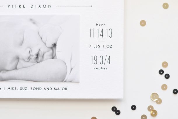 Black Foil New Year Birth Announcements by Lauren Chism Fine Papers