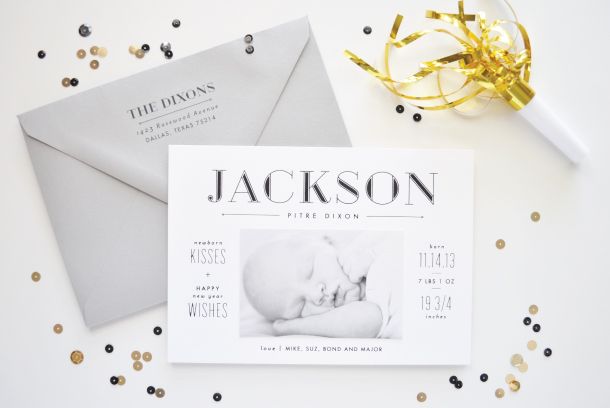 Black Foil New Year Birth Announcements by Lauren Chism Fine Papers