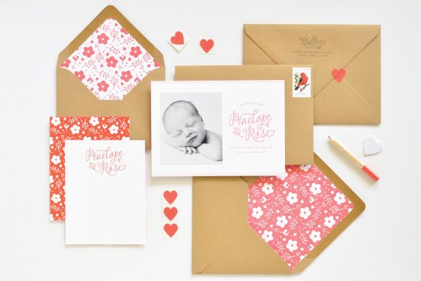 Penelope's Floral Letterpress Birth Announcements by Lauren Chism Fine Papers