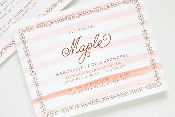 Watercolor Gold Foil Birth-Announcements by Lauren Chism