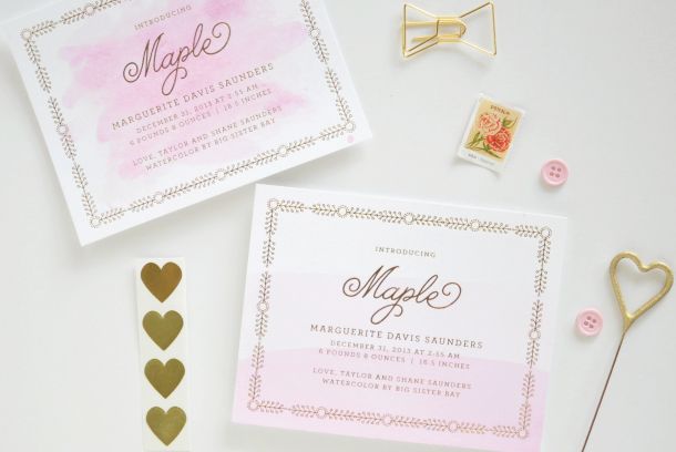 Watercolor Gold Foil Birth-Announcements by Lauren Chism