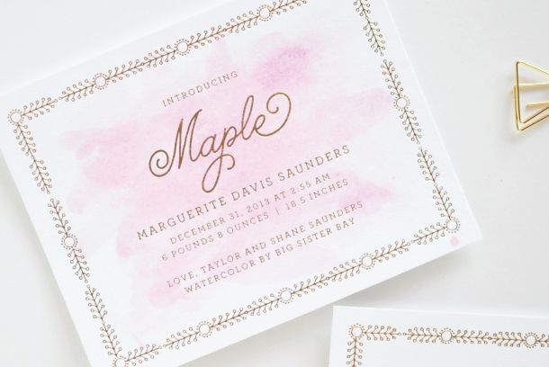 Watercolor Gold Foil Birth-Announcements by Lauren Chism