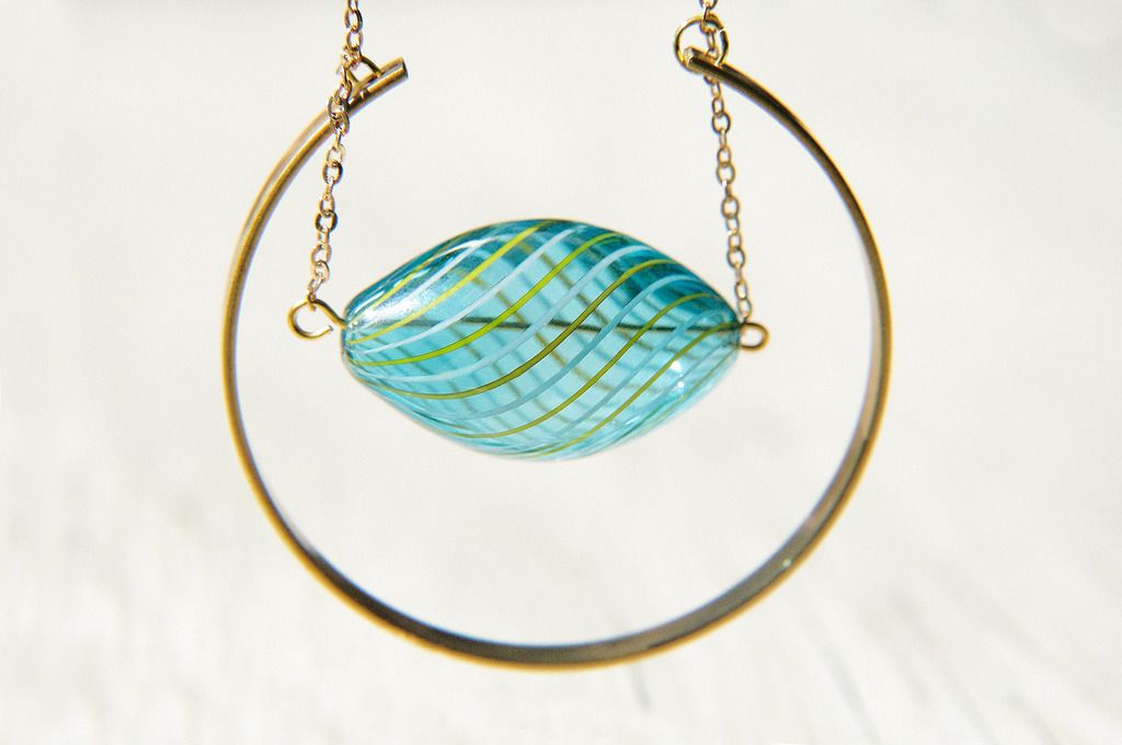 Christmas Gift / Forest Series / French Stripe Blow Glass Necklace Short Chain Long Chain Clavicle Chain-Blue Green Tears of the Sea - Long Necklaces - Glass Blue